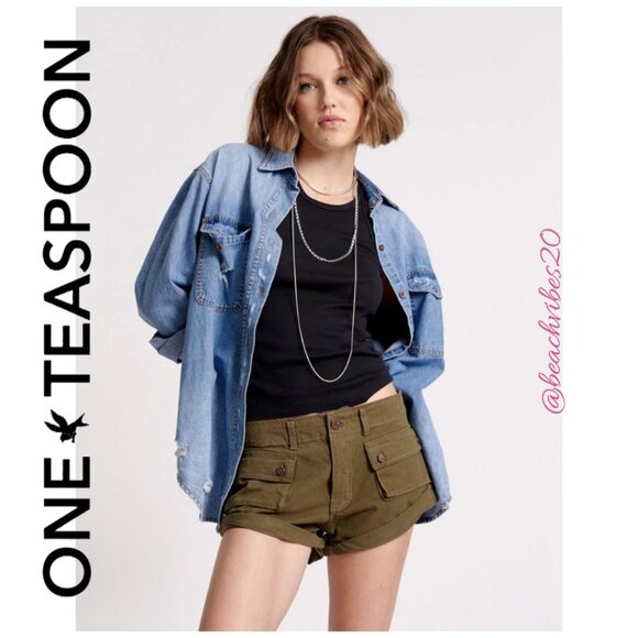 ONE TEASPOON Cadet Bandits Low Waist Denim Shorts Dark Khaki 30 NWT - Picture 1 of 8